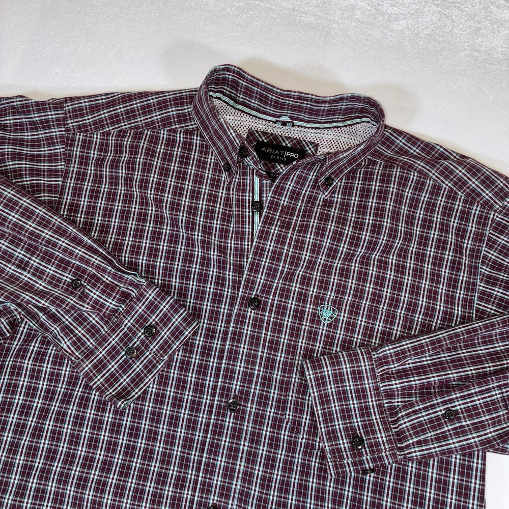 Ariat Pro Series Shirt Mens Small Burgundy Teal Plaid Long Sleeve Western Button - Picture 1 of 11
